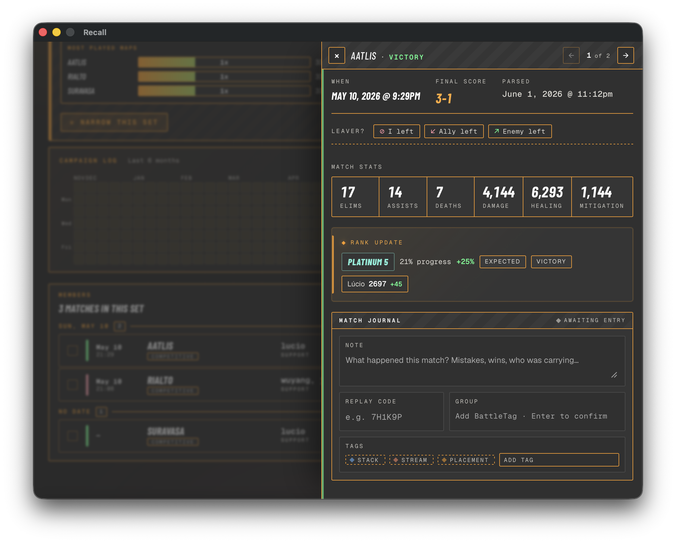 Recall right-side detail panel — per-match dossier with the Match Journal, stats grid, Heroes Played, and source screenshots