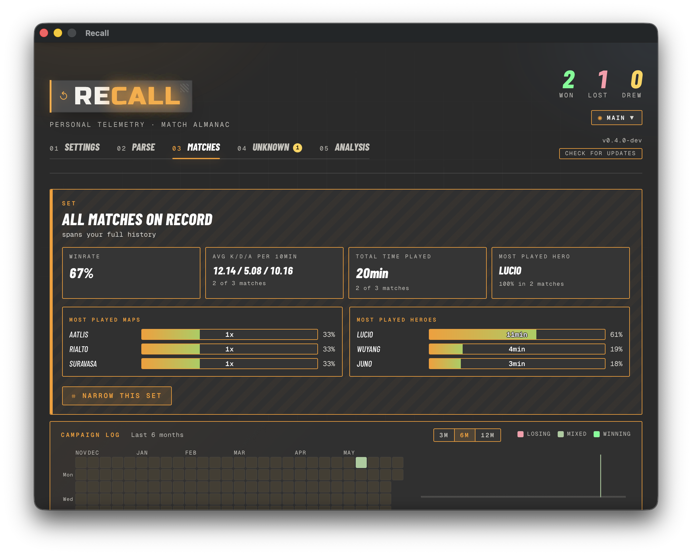 Recall Matches tab with a dossier headline, Campaign Log heatmap, and a compact list of parsed matches
