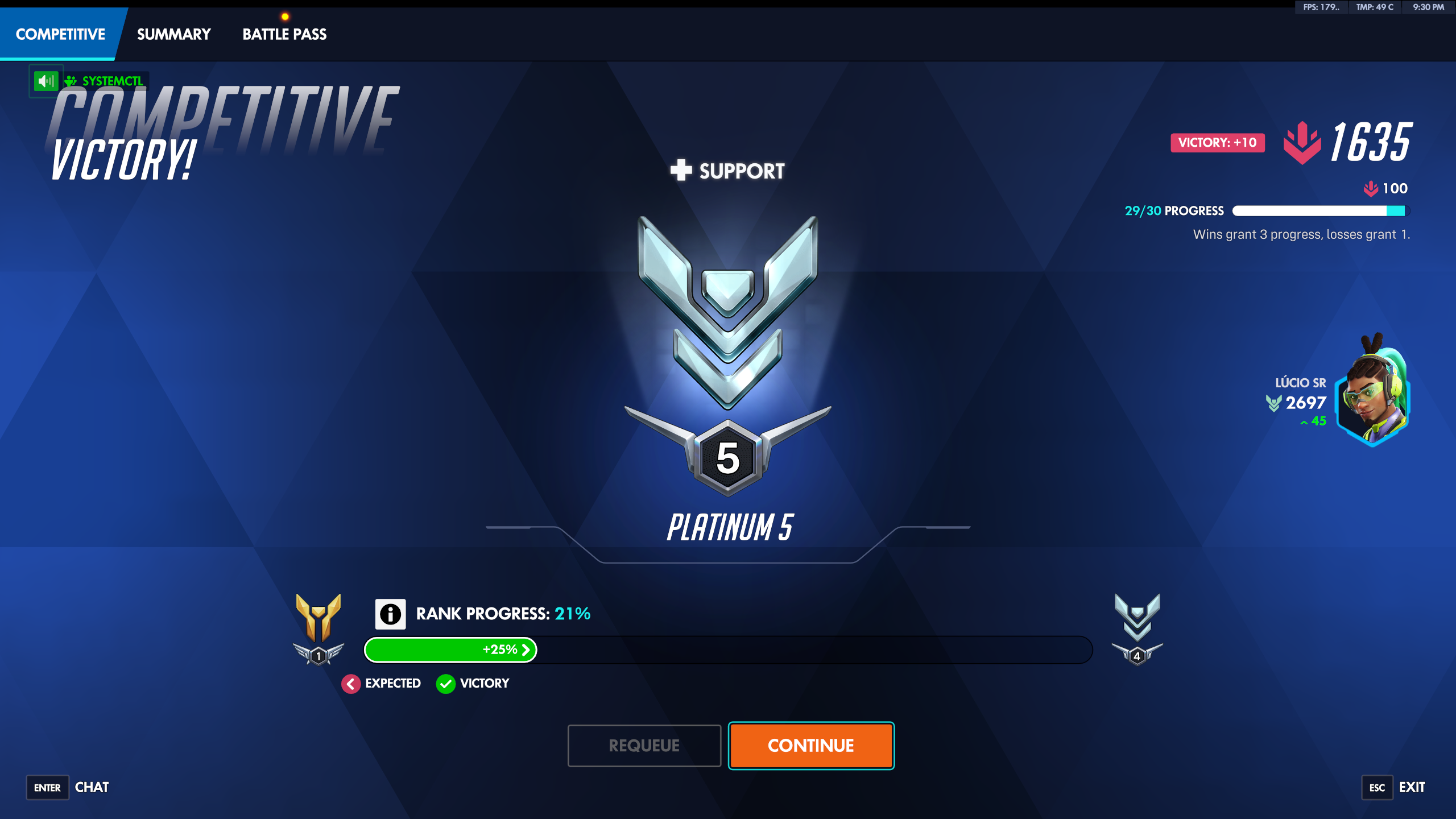 RANK screen — Platinum 5 competitive victory