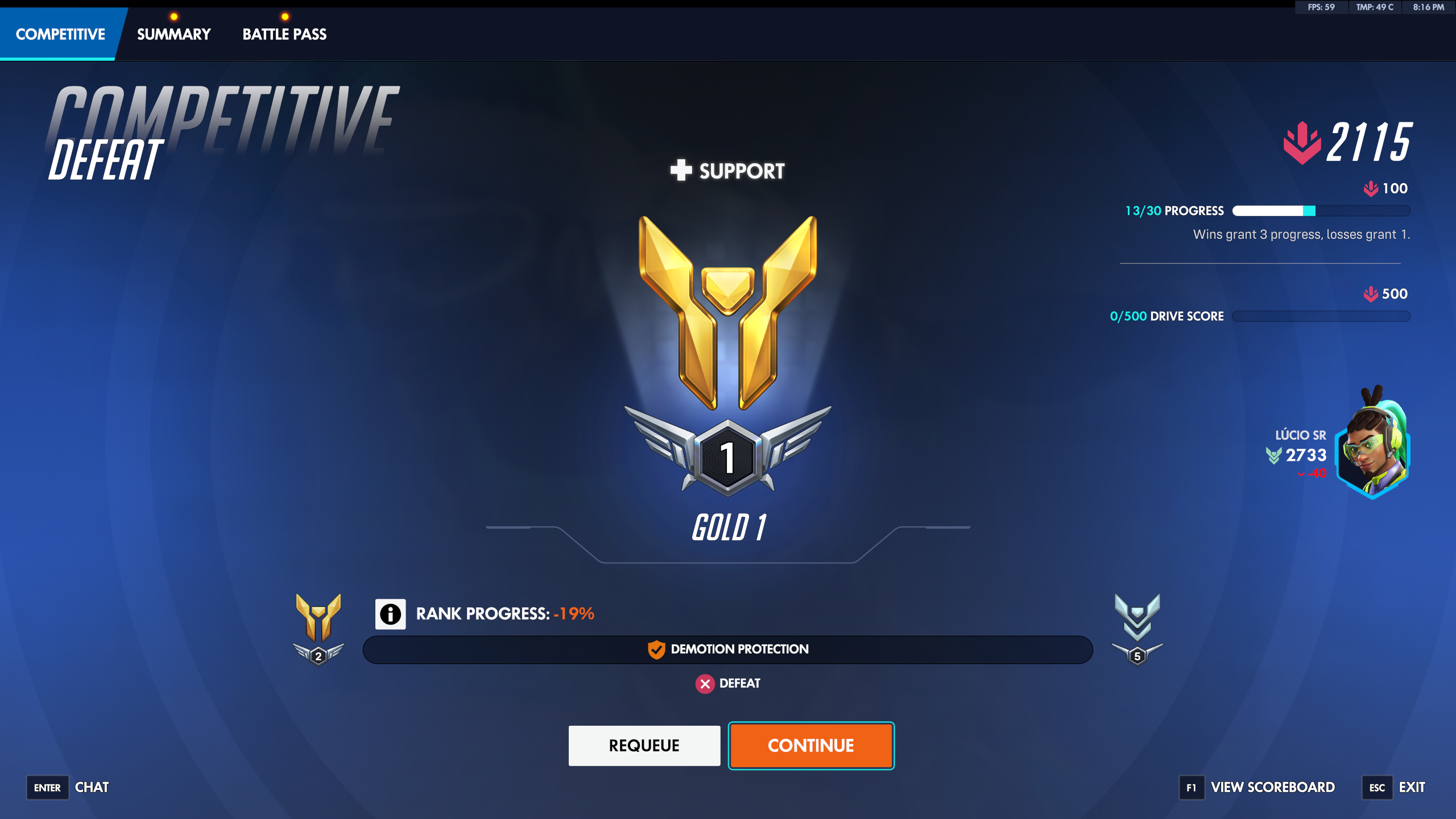 RANK screen — Gold 1 loss with demotion protection